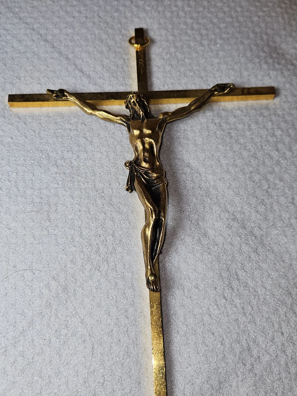 Vintage Brass Crucifix Wall Hanging with Raised Christ Figure 1970s